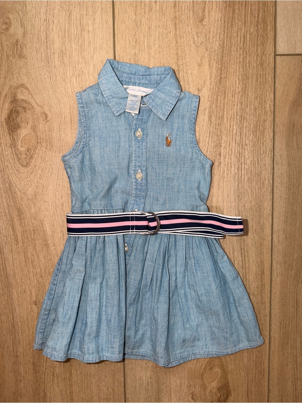 Polo by Ralph Lauren Light Blue Chambray Dress with Navy & Pink Striped Belt - Picture 6 of 8